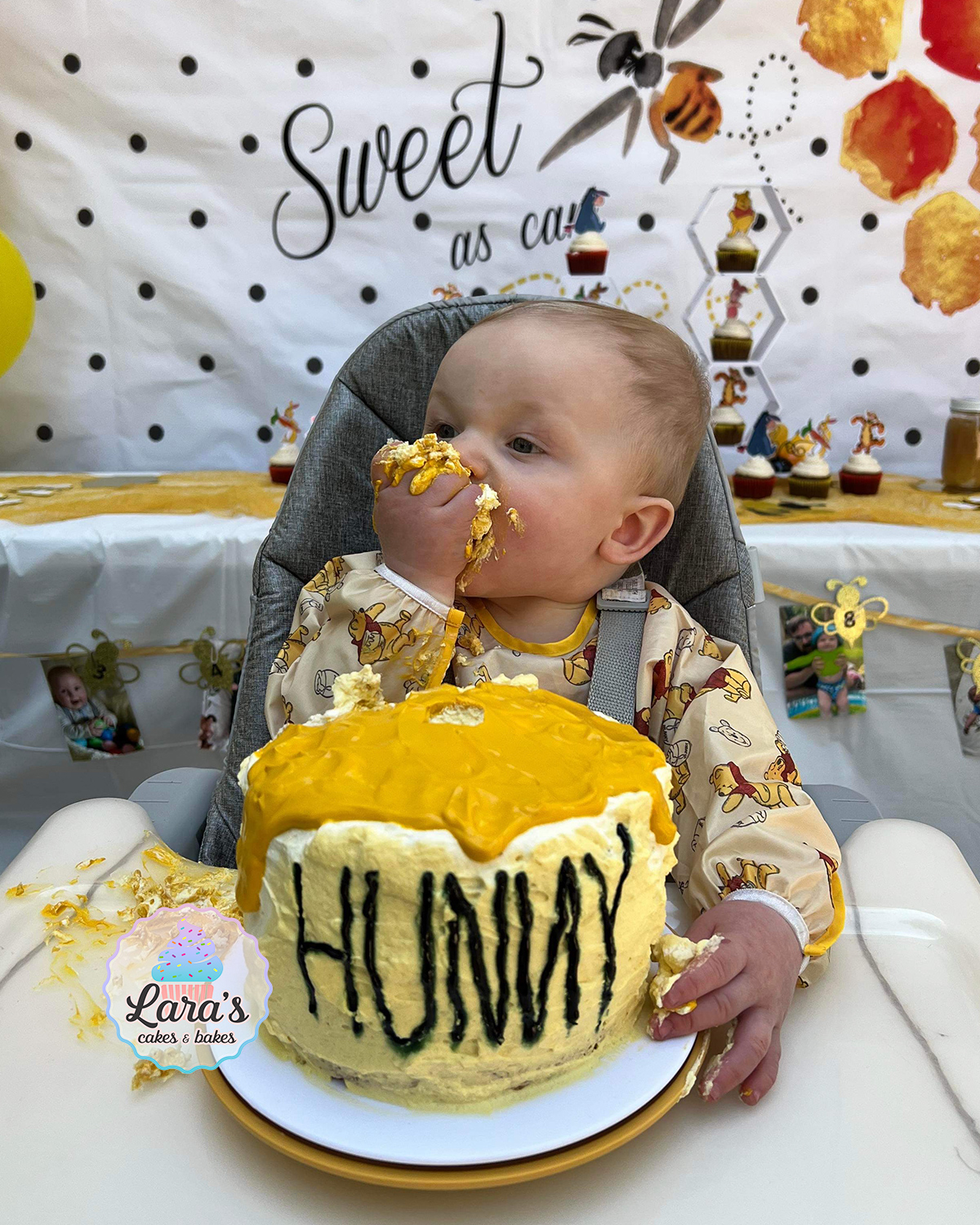 Eight inch baby friendly smash cake with whipped cream frosting and greek yogurt "honey"