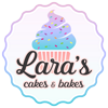 Lara's Cakes and Bakes logo over a colorful cupcake with sprinkles and a colorful gradient background