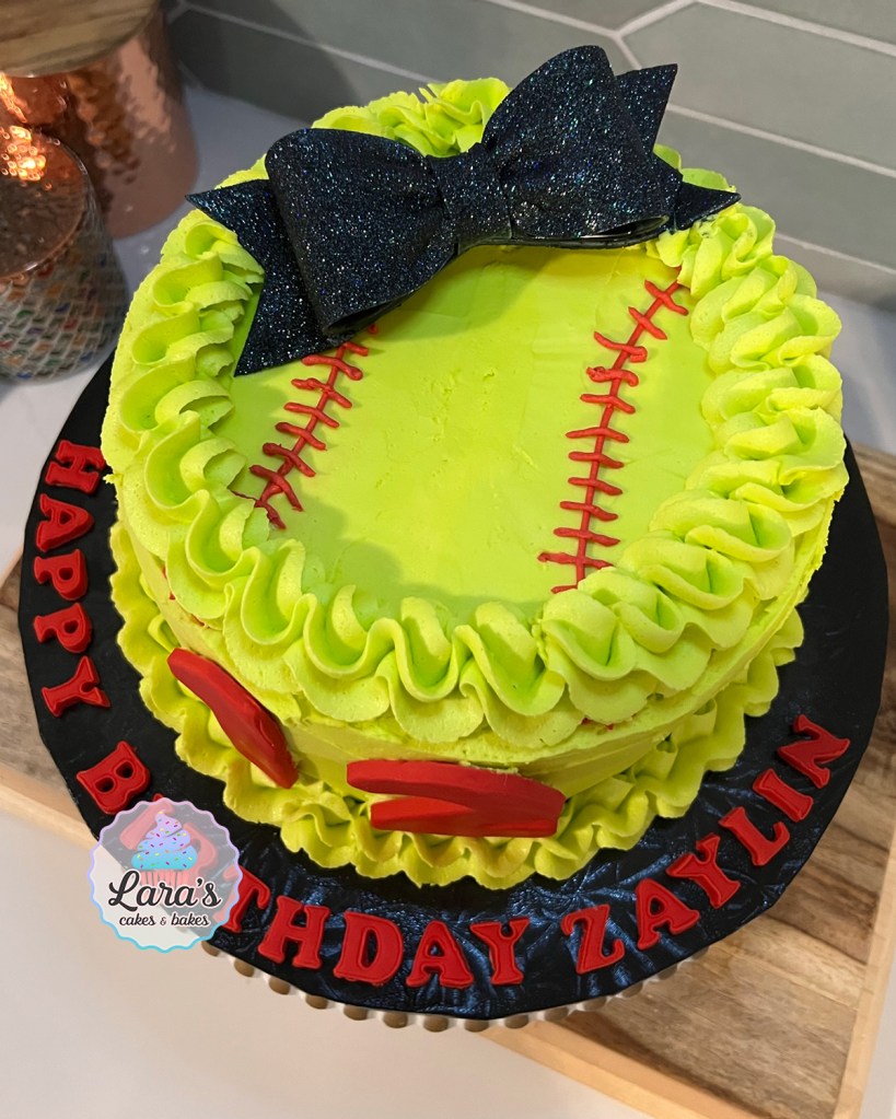 Softball Green Cake with Glitter Fondant Bow